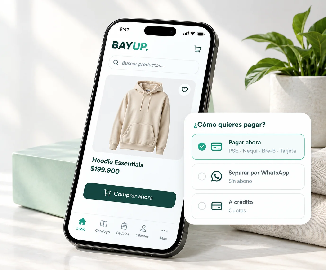 Catálogo Bayup en el celular con las opciones de pago: pagar ahora, separar por WhatsApp o a crédito